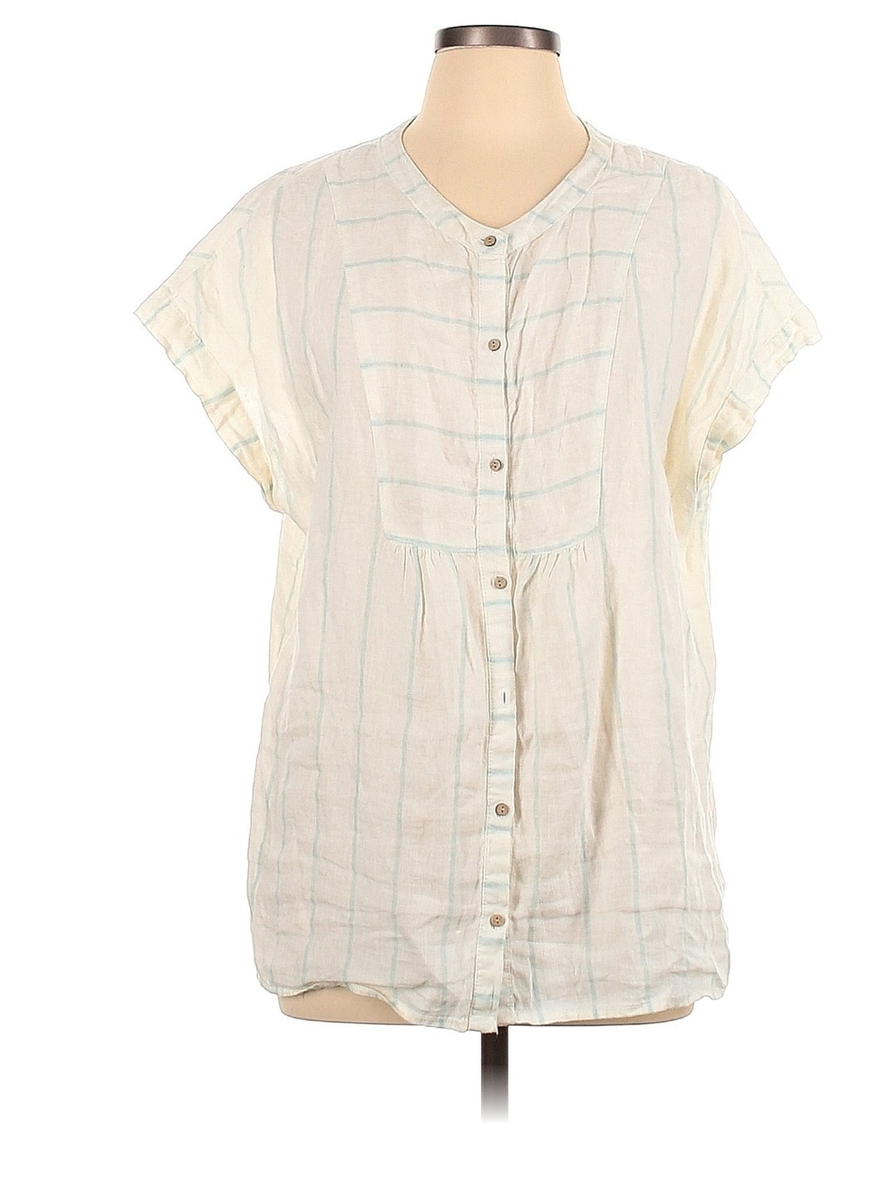 Christian Siriano Cream and Light Blue Striped Button-Front Top